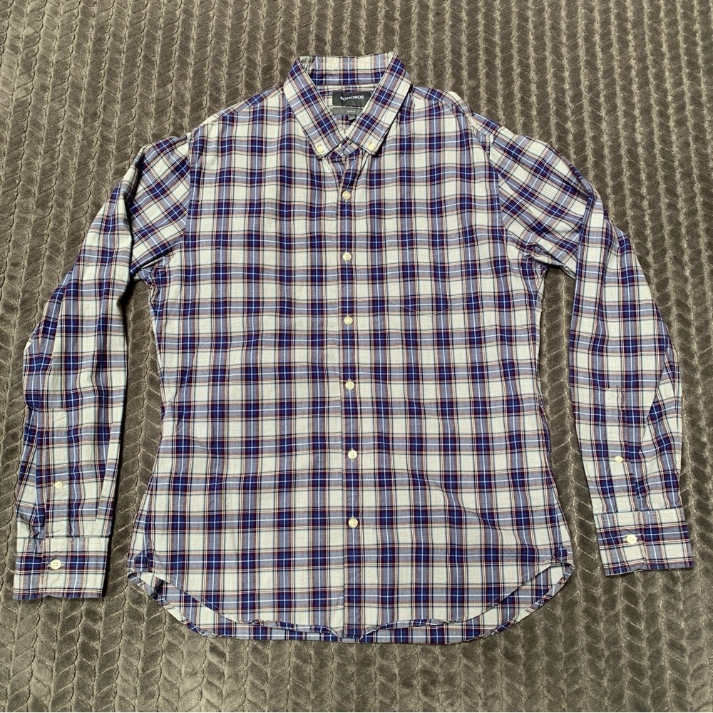 Bonobos Shirt Mens Large Blue Maroon Long Sleeve Button Down Plaid Slim Fit